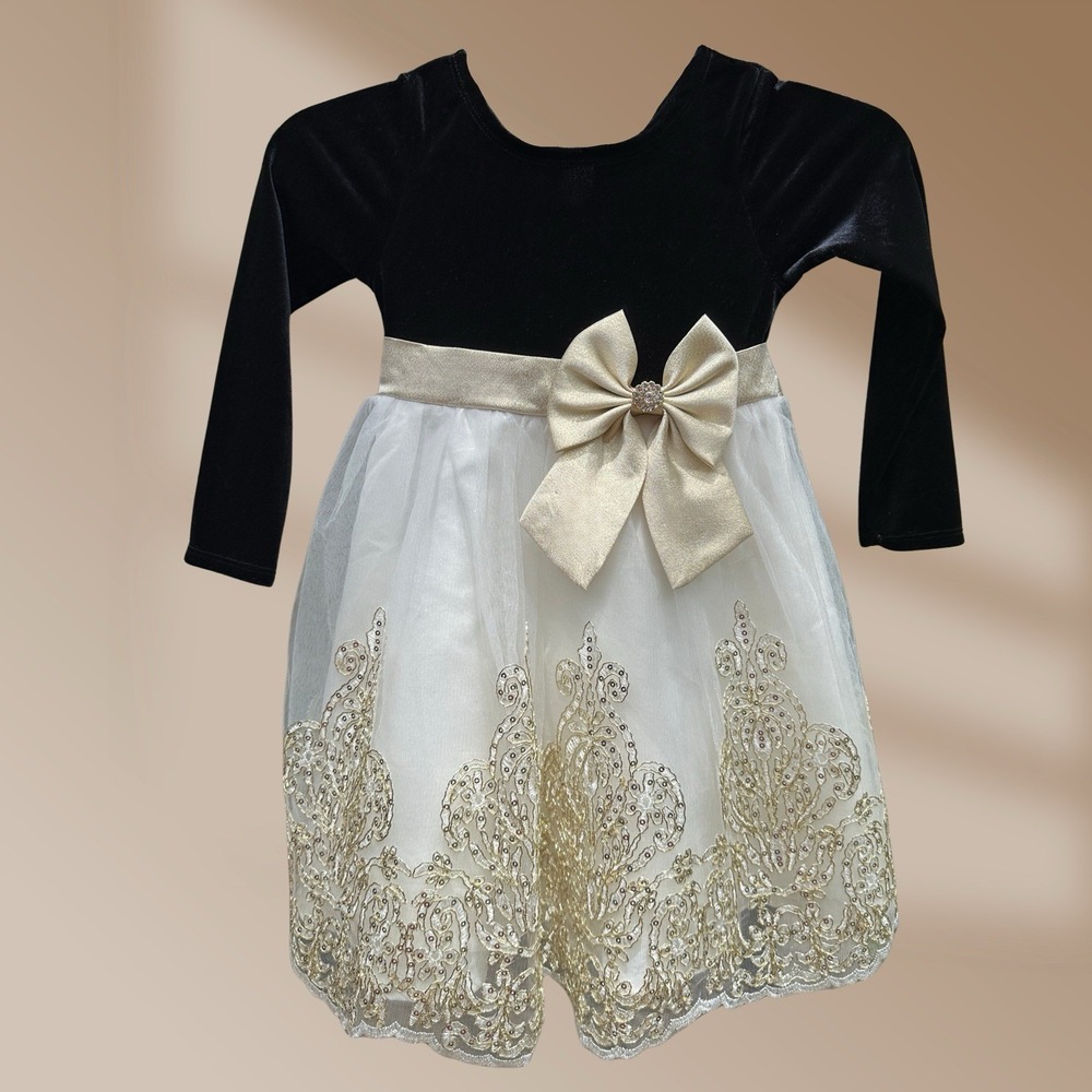 Rare Editions Girls Sz 5 Black Velvet & Ivory Lace Gold Beaded Sequined Dress